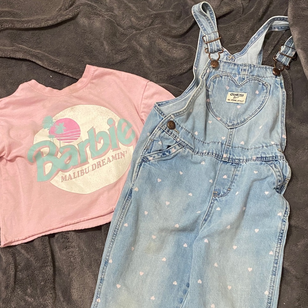 Barbie Pink Graphic Tee with Light Blue Heart Denim Overalls